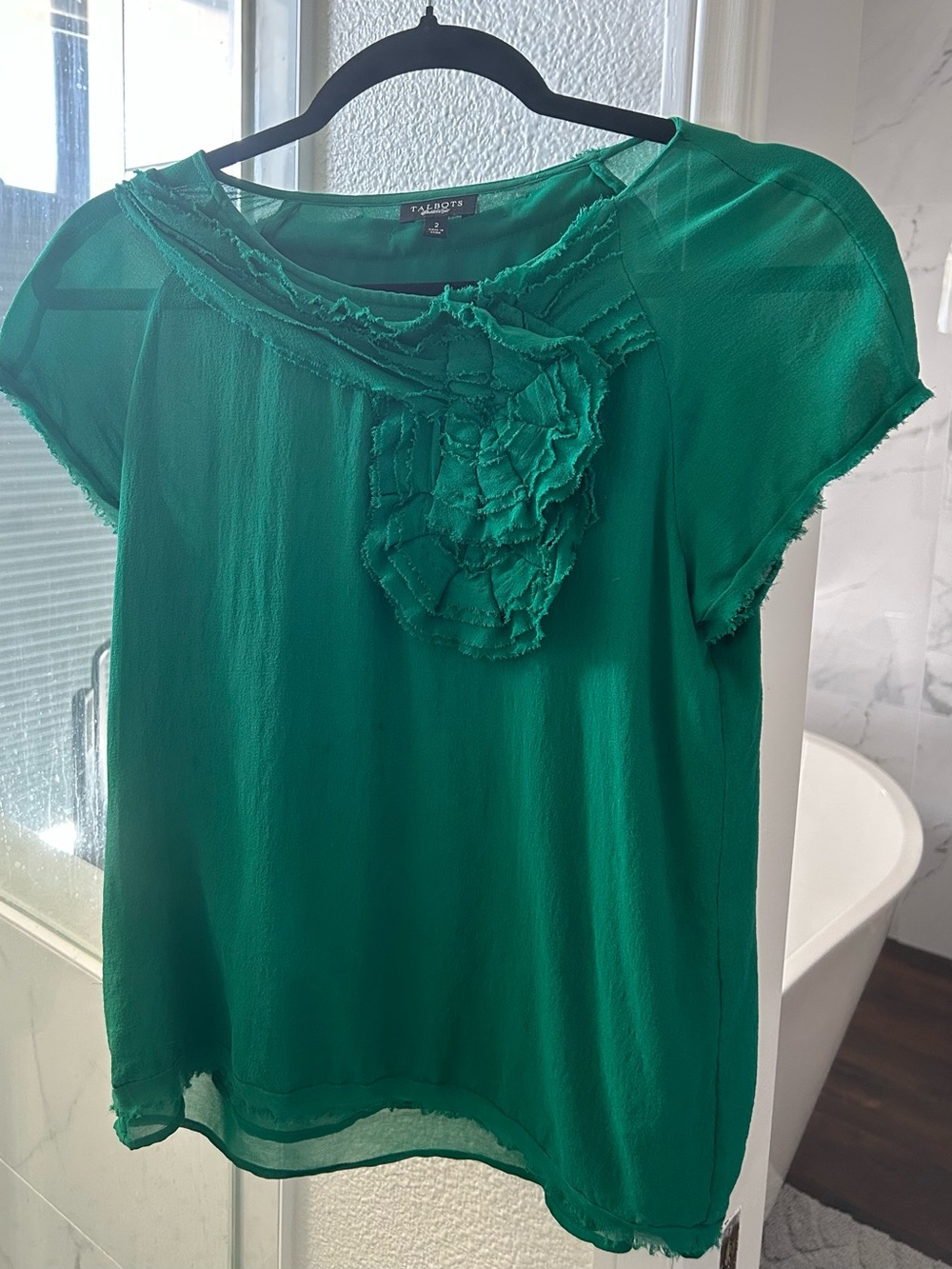 Silk Talbots Emerald Green Short-Sleeve Ruffle Front Blouse